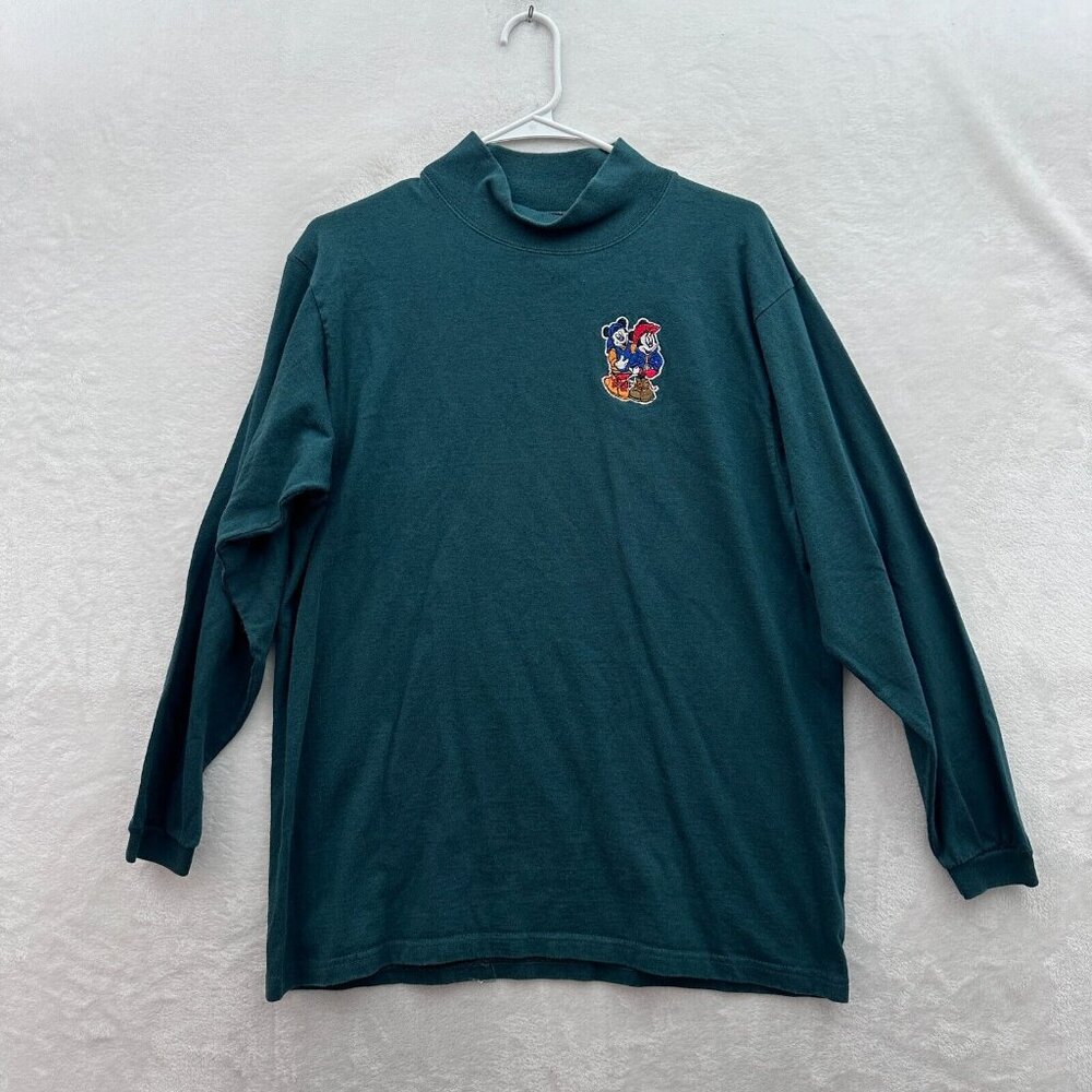 Vintage Disney T Shirt Mens M Green Mickey Minnie Embroidered Long Sleeve 90s